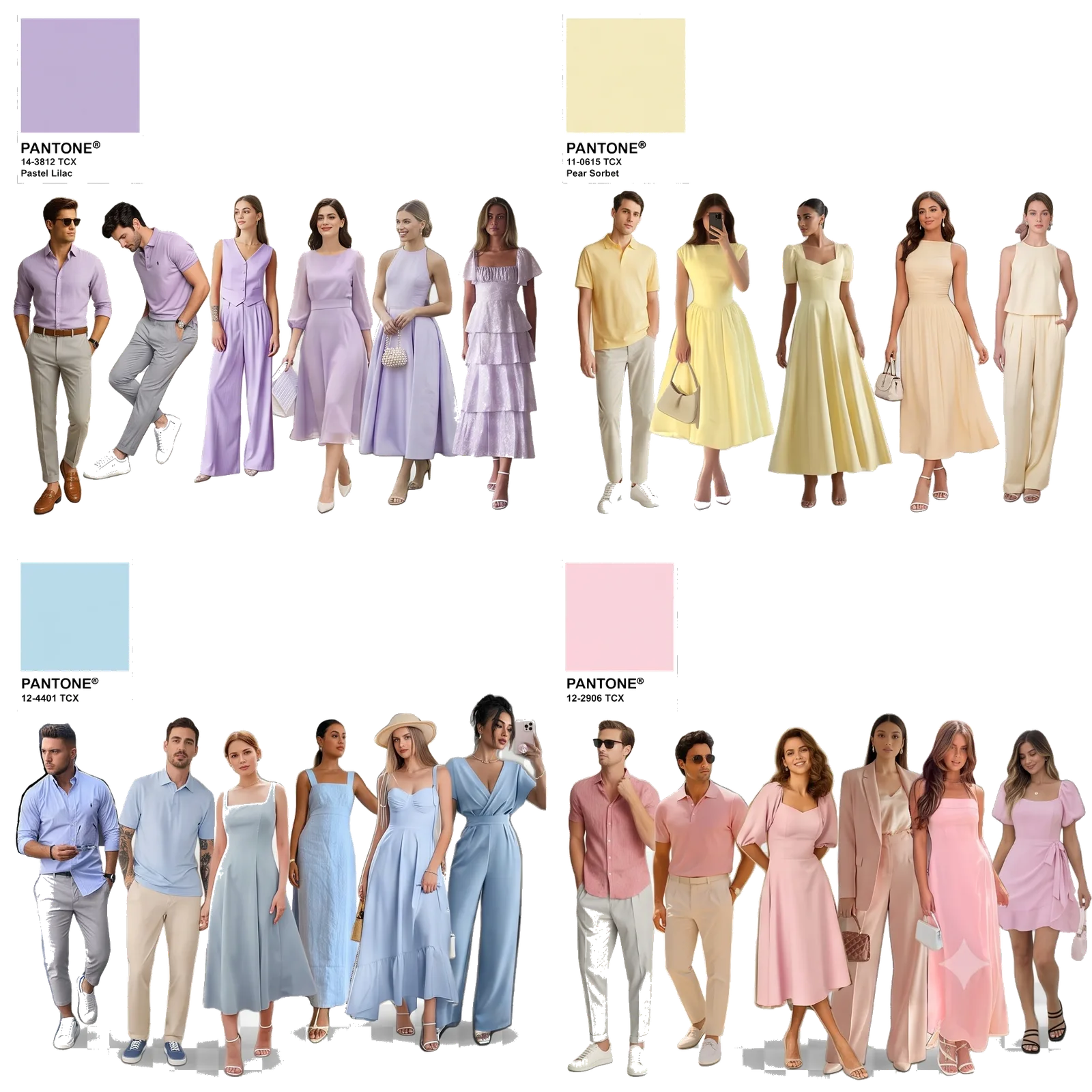 Pastel outfit inspiration board — lilac, soft yellow, powder blue and pink looks for women and men